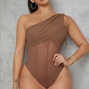 Sheer Mesh One Shoulder Ruched Bodysuit